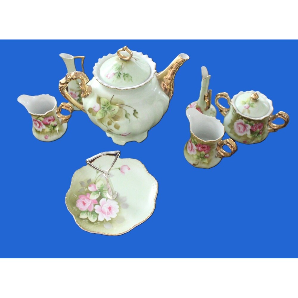 Lefton China Green Heritage Rose Teapot Sugar 2 Creamers Servig Tray Bud Vases